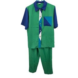 Erva Matching‎ Set Button Up Shirt & Pants Green Blue Mod Two Piece Outfit